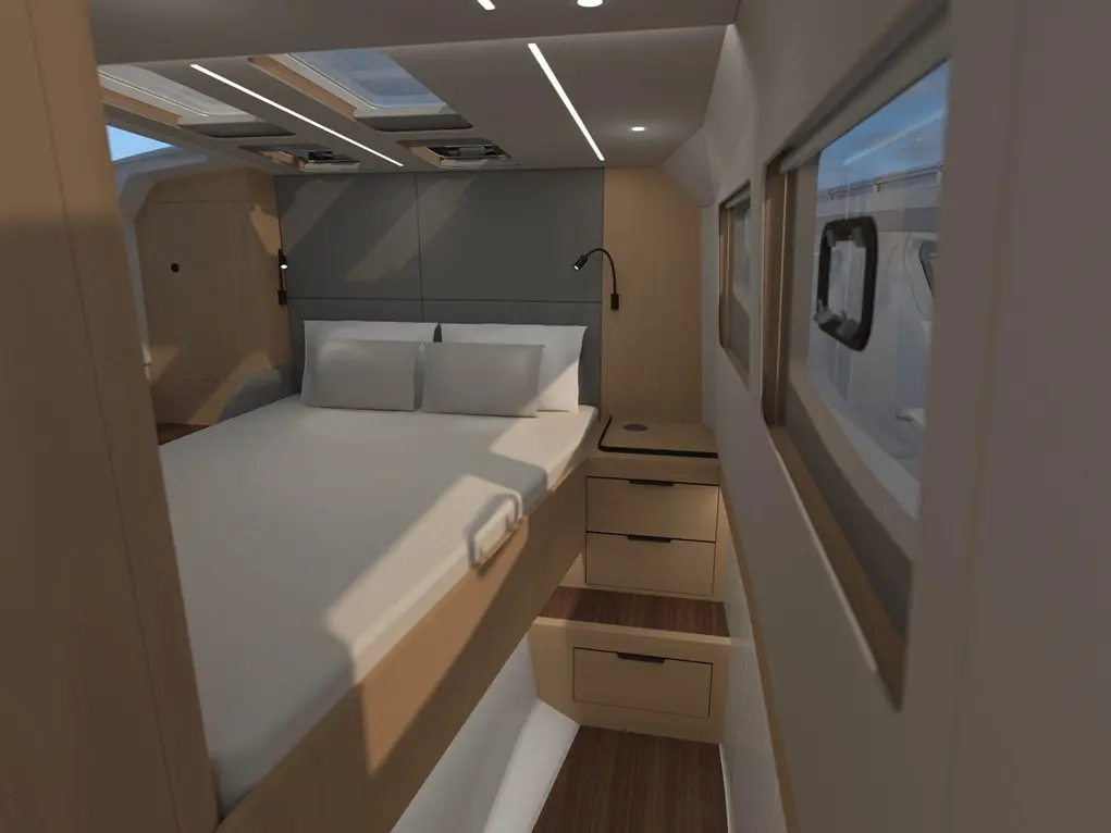 Modern cabin interior with a double bed, storage drawers, and large windows, featuring natural light and sleek design elements.